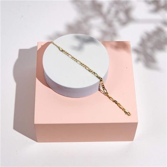 14K Gold Plated Figaro Chain Adjustable Bracelet for Women Cute Gift - Picture 4 of 5